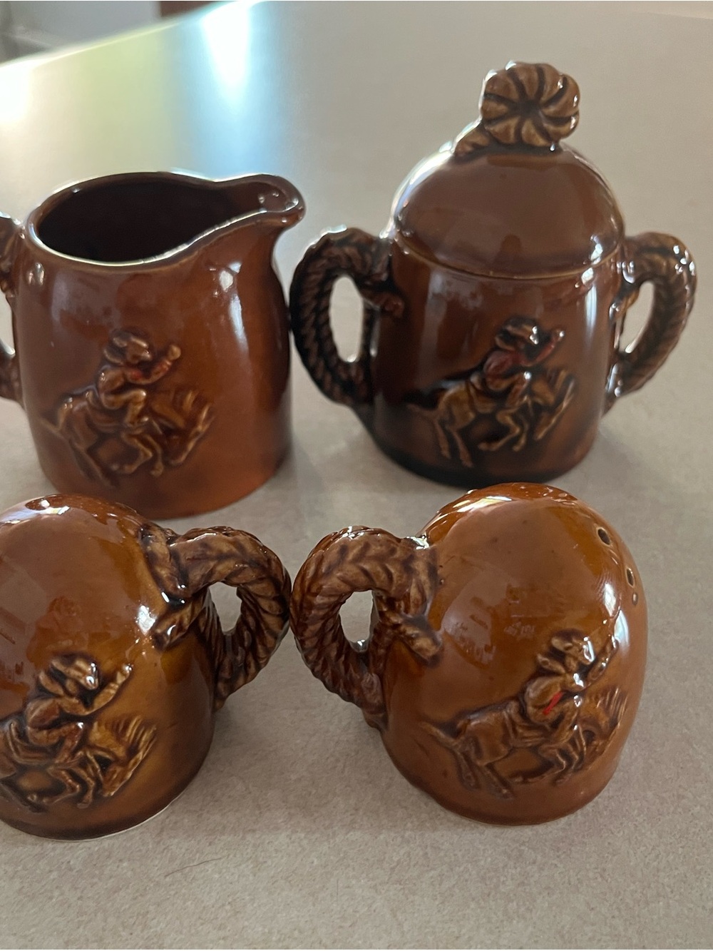 Vintage TEXAS  Brown Ceramic Rodeo Creamer, Sugar Pot & Salt Pepper Set